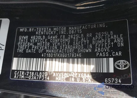 2016 Toyota Camry Hybrid Xle from USA, damaged, VIN 4T1BD1FKXGU178346